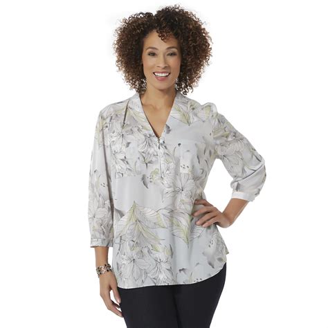 Jaclyn Smith Womens Plus Zipper Front Blouse Floral Print Shop