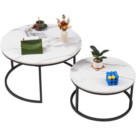 Soayone Lot De Tables Basses Rondes En Marbre Blanc Avec Structure En