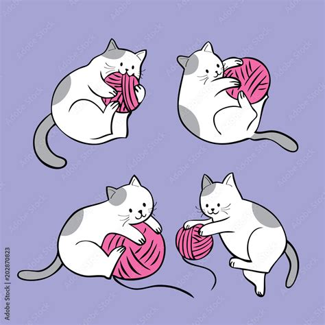 Cartoon cute actions cat playing yarn vector. Stock Vector | Adobe Stock