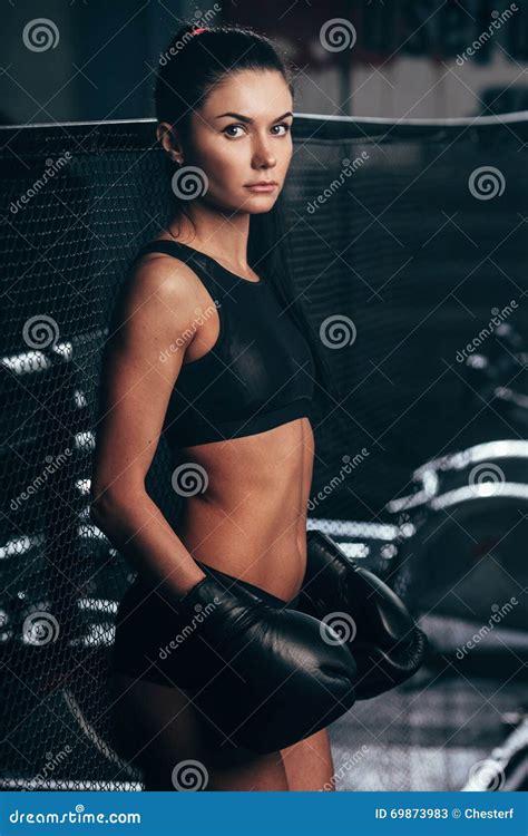 Woman Wearing Boxing Gloves Sitting Near Ring Stock Image Image Of