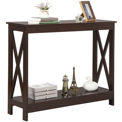 2 Tier Narrow Console Table For Entryway Storage Shelf Modern Accent Sofa Brown Soluções E