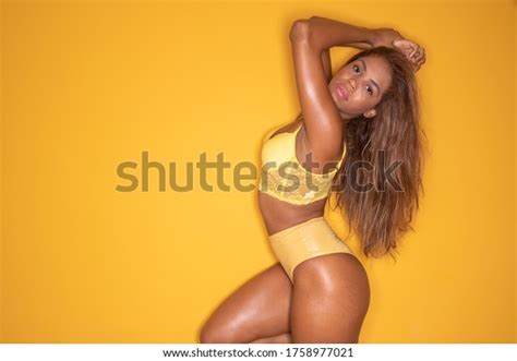 Sexy Black Woman Lingerie Yellow Background Stock Photo 1758977021