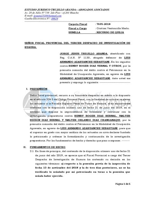 Recurso De Queja En Delito De Usurpacion Agravada Pdf Posesión Ley Propiedad