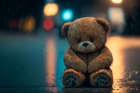 Sad Teddy Bear Sits At Night On The Street In The Rain Stock Photo