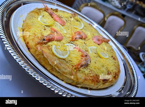 Moroccan Pastilla Or Bastila With Seafood Shrimp And Calmari Stock