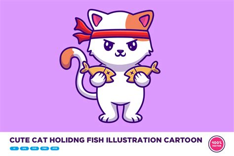 Cute Cat Holding Fish Illustration Graphic By Catalyststuff · Creative