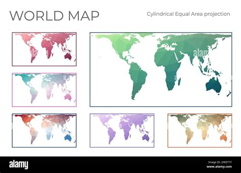 Low Poly World Map Set Cylindrical Equal Area Projection Collection