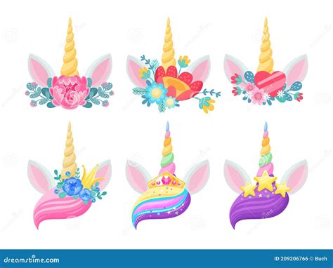 Unicorn Horns Ears And Flowers Isolated Vector Stock Vector