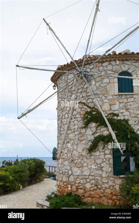 Traditional Greek Windmill At The North Of The Island Zakynthos Stock