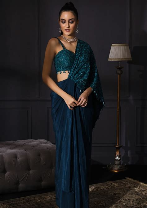 Mani Bhatia Teal Blue Drape Saree Indiaspopupcom