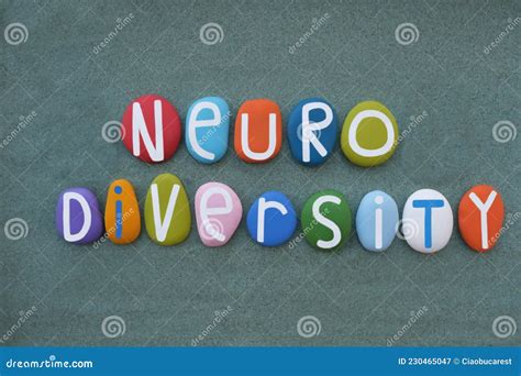 Neurodiversity Word Composed With Multi Colored Stone Letters Over Green Sand Stock Image