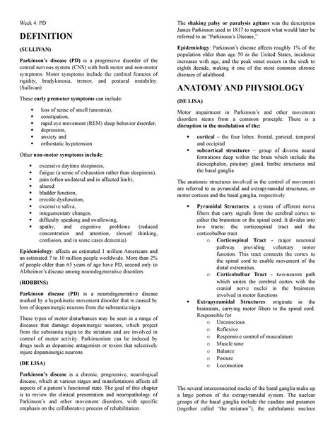 Parkinson S Disease Lecture Notes Week 4 PD DEFINITION SULLIVAN