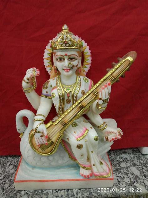 White Painted Marble Saraswati Mata Murti For Temple Size Inch At