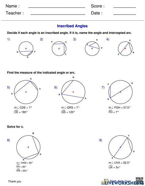 Central And Inscribed Angles Worksheet For 10th Grade Lesson Planet