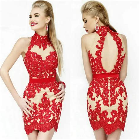 High Neck Red Lace Short Sexy Evening Gown Backless Cocktail Dresses 2013 Free Shipping In