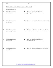 Polynomial Equation of Higher Degree Worksheets