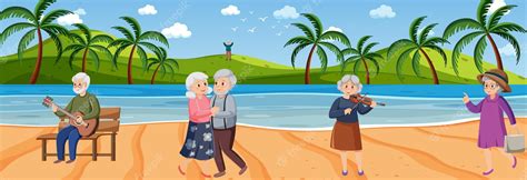 Premium Vector | Beach scene with senior people on vacation