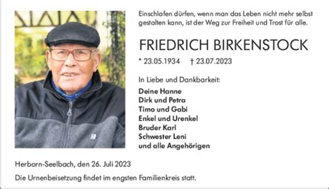 Traueranzeigen Von Friedrich Birkenstock Vrm Trauer De