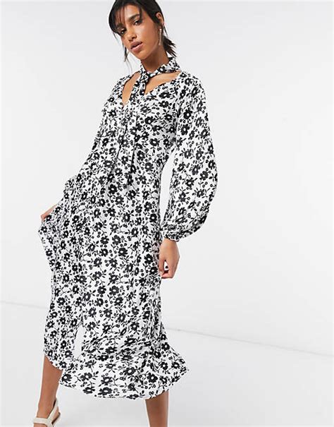 Asos Design Tie Neck Button Through Maxi Tea Dress In Mono Floral Asos