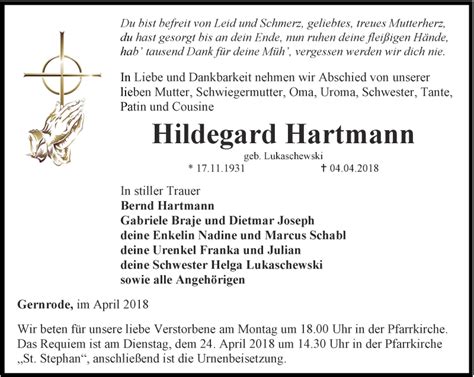 Traueranzeigen Von Hildegard Hartmann Trauer In Thueringende