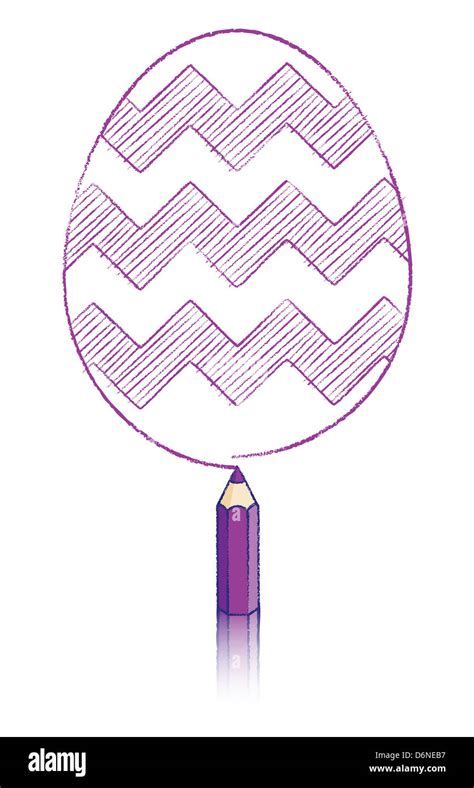 Purple Pencil With Reflection Drawing Easter Egg With Zigzag Pattern On