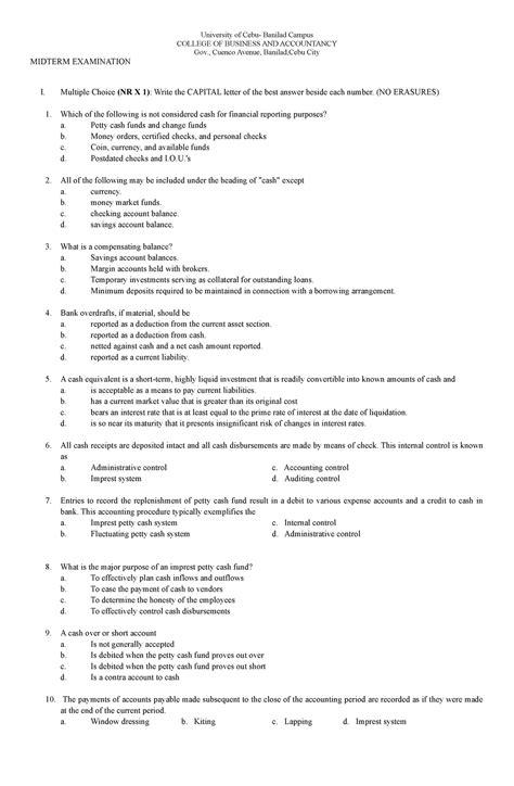 Acctg Ba Questions About Cash And Cash Equivalents University Of