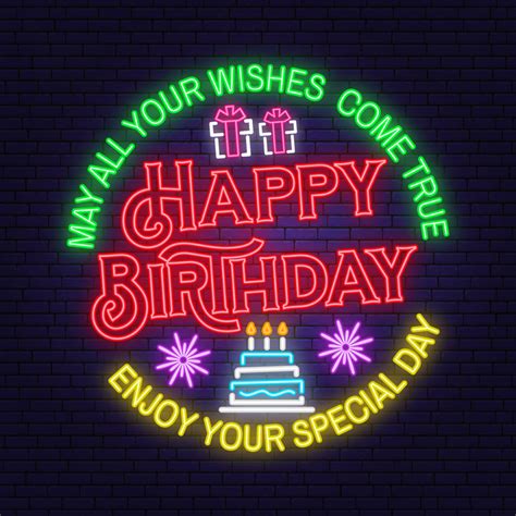 May All Your Wishes Come True Neon Sign Happy Birthday Stamp Badge