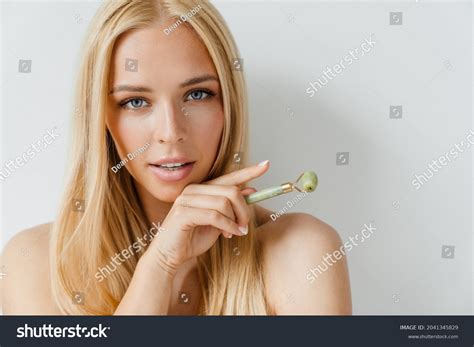 Halfnaked Blonde Woman Looking Camera While Stock Photo 2041345829