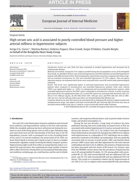 Pdf High Serum Uric Acid Is Associated To Poorly Controlled Blood