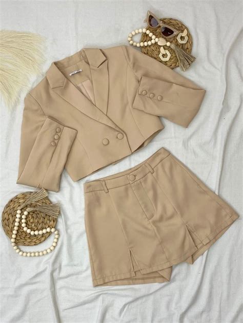 Mein Conjunto De Blazer Crop Botão Duplo And Bainha Dividida Calças Em