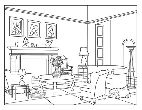 Living Room around the House , Coloring Pages for Adults, 1 Printable ...