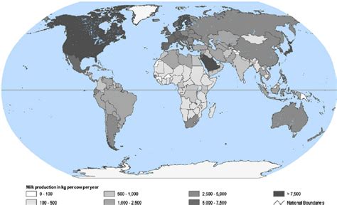 Average annual milk production per cow and country (source ...