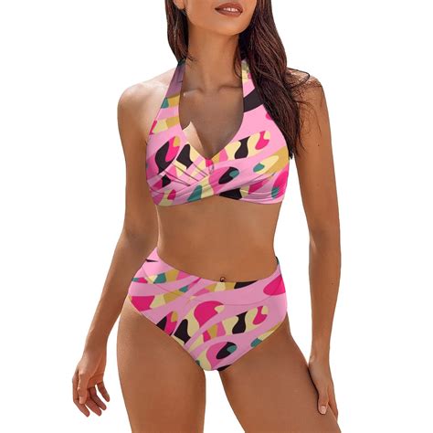 Womens Bikinis Plus Size Push Up Swimsuit Halter Print Two Piece Set Swimwear Bathing Suit Sexy