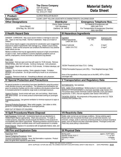 Cloroxregularbleac Msds Chlorine Chemical Substances