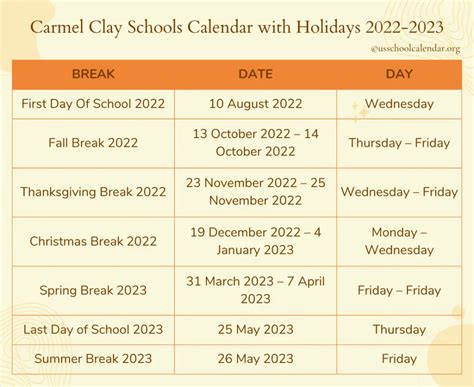 Carmel Clay Schools Calendar with Holidays 2022-2023