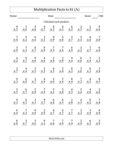 Multiplication Facts To Questions No Zeros Or Ones All