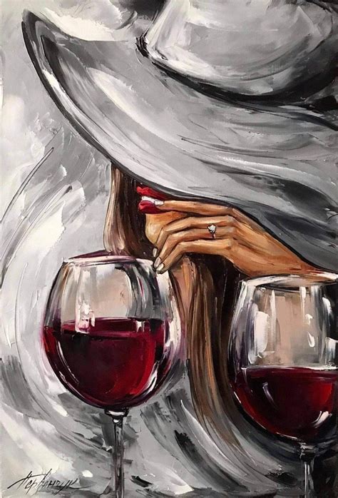 Wine Glasses Art Original Mysterious Woman Painting Red Lips Etsy