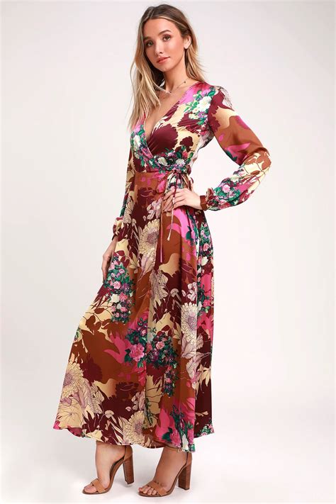 Put On A Smile Burgundy Floral Print Satin Wrap Maxi Dress Womens