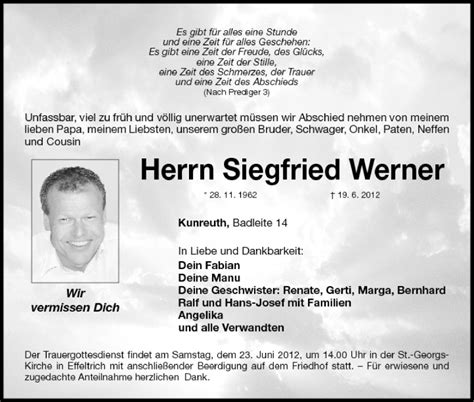 Siegfried Werner Traueranzeige Trauer InFranken De