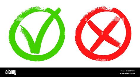 Doodle Checkmarks Grunge Brush Stroke Tick And Cross Signs Green V