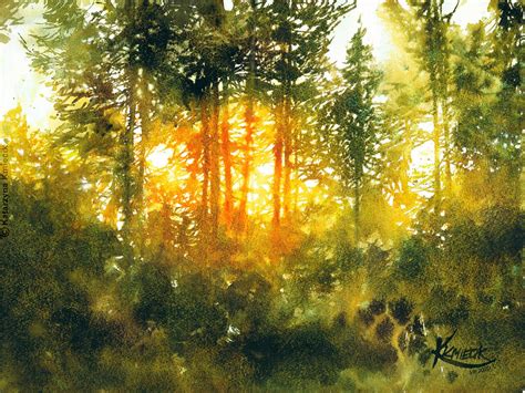 Sunset Trees Original Watercolor Painting Aquarelle Art Nature Wall Art Semi Abstract