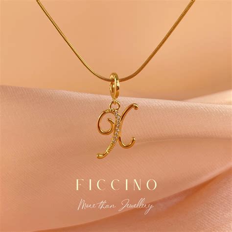 FICCINO 18k Gold Plated Titanium Steel Initial Necklace Handwriting