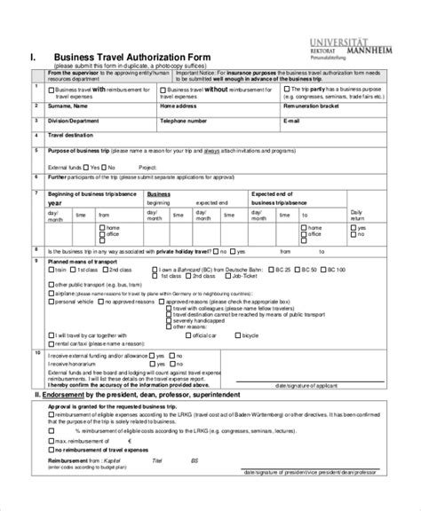 Free Sample Travel Authorization Forms In Pdf Ms Word Excel