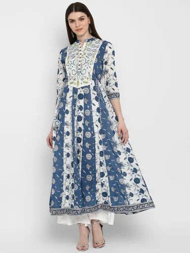 Womens Blue Floral Print And Gota Patti Anarkali Kurta 1pc Set At Rs