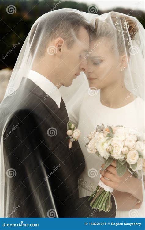 Bride And Groom Hugging With Tender Under Veil Luxury Elegant Wedding