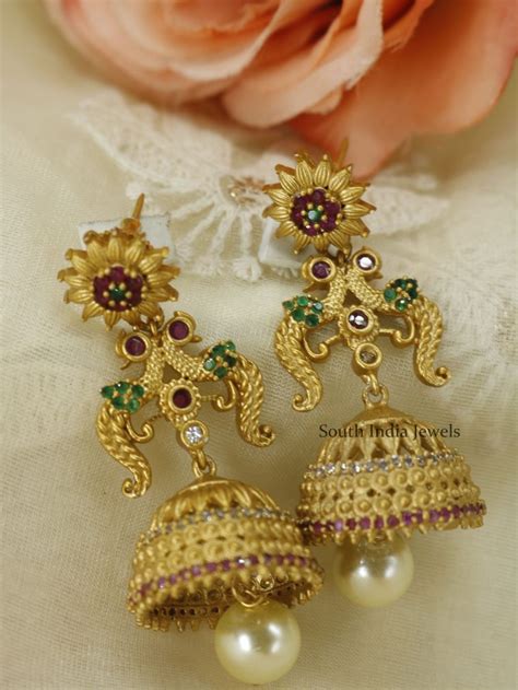 Traditional Matte Finish Deep Ruby Stone Jhumkas South India Jewels