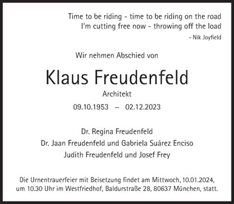 Traueranzeigen Von Klaus Freudenfeld SZ Gedenken De