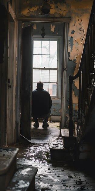 A Man Is Squatting In An Abandoned House Premium Ai Generated Image