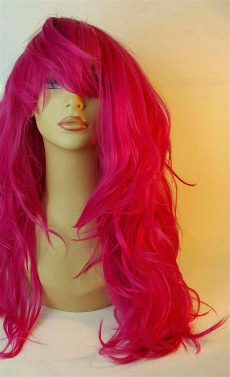 Long Pink Wavy Layered Wig Long Pink Wig Hot Pink Wig Wig Etsy Pink