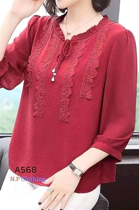 Red Chiffon Tops Myanmar Dress Design Kurta Neck Design Mode Hijab